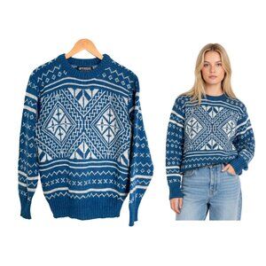 Vintage Puritan Sweater Women Medium Blue White Snowflake Wool 90s 80s USA